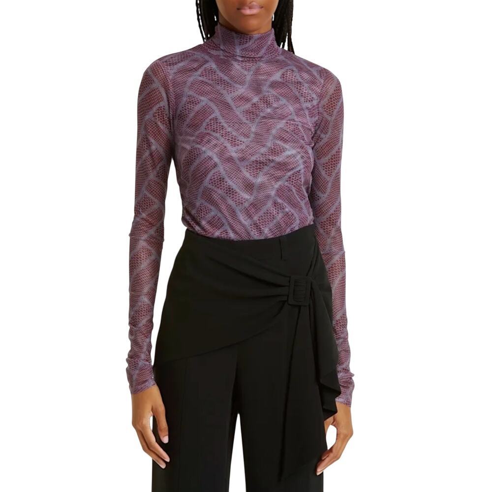 Cinq a Sept Long Sleeve Mesh Turtleneck Top in Calla Lily/Lilac Size S